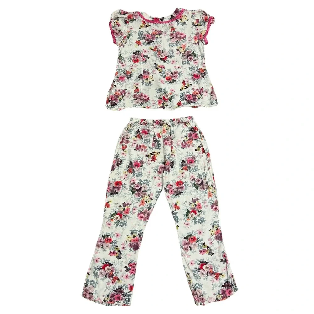 Vintage Handmade Floral Set Pink Lace Trim‎ Short Sleeve Top Pants cottage